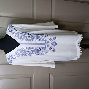 Unpublished white & blue cross stitch embroidery tassle tunic dress size medium